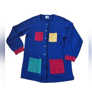 Vintage Anne Pedersen Blue Ecletic  Muticolor Pocketed Button Up Cardigan Sz M